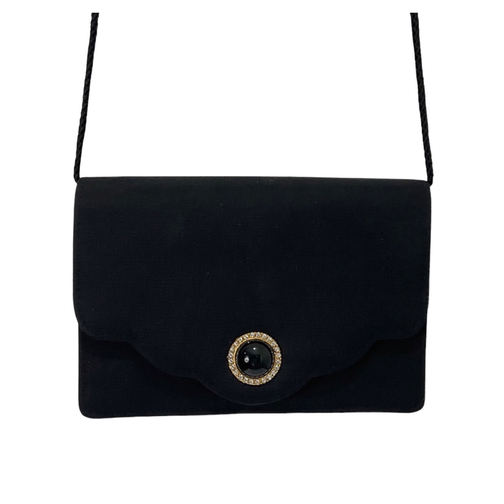Columbine Black Evening Bag with Pretty Button Closure & Rope Strap